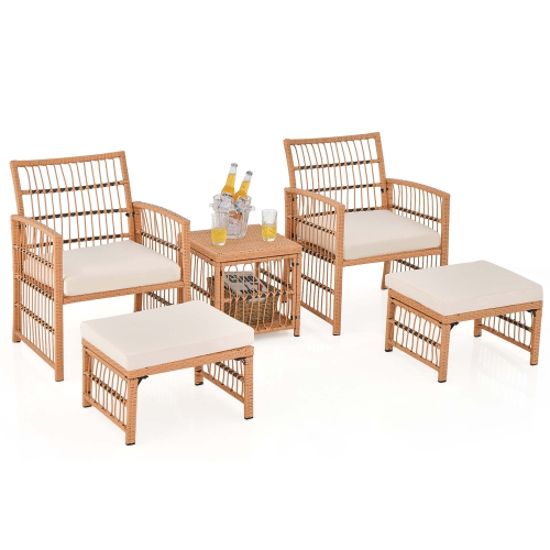 Costway 5 Piece Patio Rattan Wicker Conversation Set with 2-Tier Coffee Table & 2 Ottomans