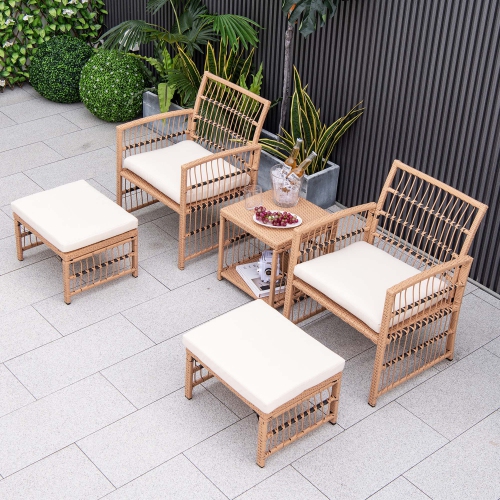 Costway 5 Piece Patio Rattan Wicker Conversation Set with 2-Tier Coffee Table & 2 Ottomans
