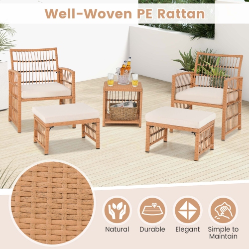 Costway 5 Piece Patio Rattan Wicker Conversation Set with 2-Tier Coffee Table & 2 Ottomans
