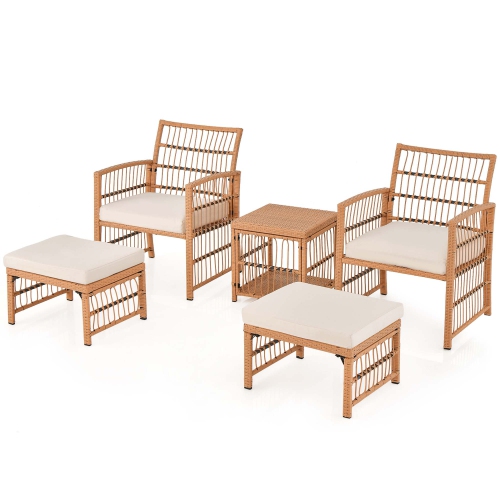 Costway 5 Piece Patio Rattan Wicker Conversation Set with 2-Tier Coffee Table & 2 Ottomans