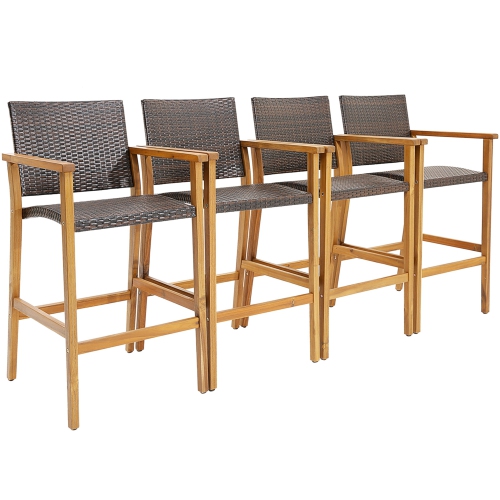 COSTWAY  4PCs Patio Pe Wicker Bar Chairs Height Barstools With Acacia Wood Armrests Balcony