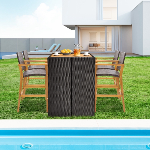 Costway 4PCS Patio PE Wicker Bar Chairs Height Barstools with Acacia Wood Armrests Balcony