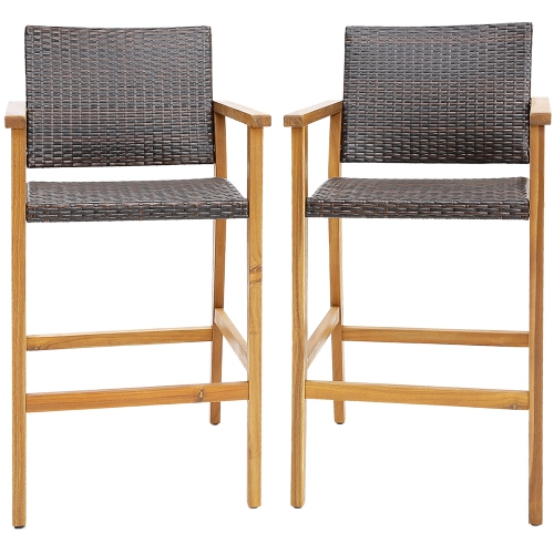 COSTWAY  2PCs Patio Pe Wicker Bar Chairs Height Barstools With Acacia Wood Armrests Balcony