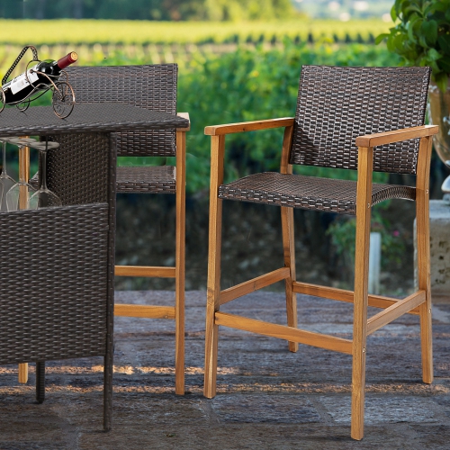 Costway 2PCS Patio PE Wicker Bar Chairs Height Barstools with Acacia Wood Armrests Balcony