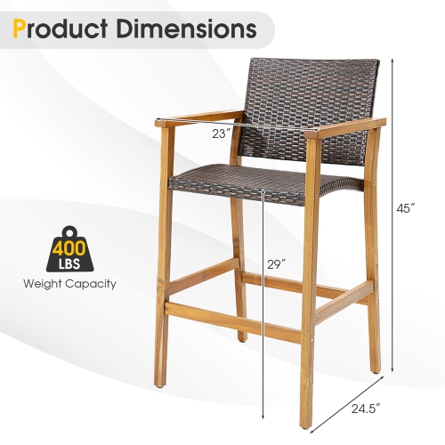Costway 2PCS Patio PE Wicker Bar Chairs Height Barstools with Acacia Wood Armrests Balcony