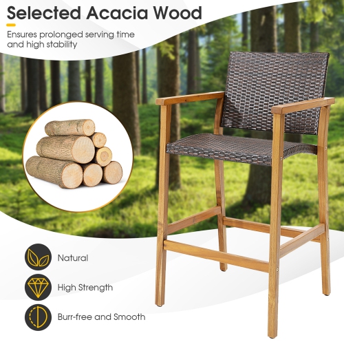 Costway 2PCS Patio PE Wicker Bar Chairs Height Barstools with Acacia Wood Armrests Balcony