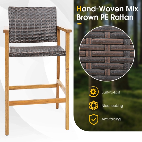 Costway 2PCS Patio PE Wicker Bar Chairs Height Barstools with Acacia Wood Armrests Balcony