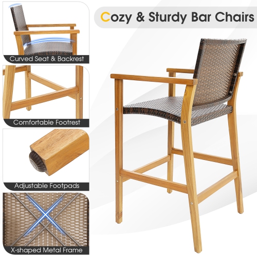 Costway 2PCS Patio PE Wicker Bar Chairs Height Barstools with Acacia Wood Armrests Balcony