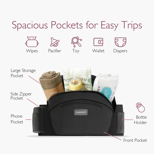 Porte-bébé MomCozy à siège de hanche - taille réglable avec protecteur de ventre Original 3D, porte-bébé ergonomique avec diverses poches pour