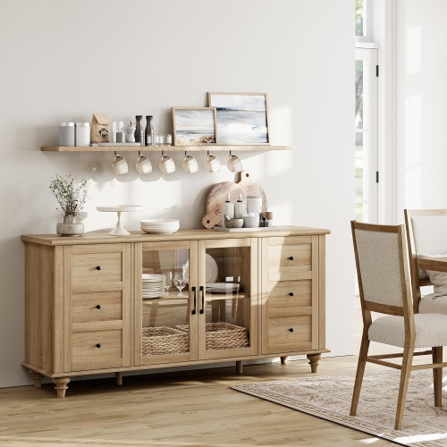 WAMPAT Sideboard Buffet Cabinets with Glass Door, Kitchen Storage Cabinets,Wood Coffee Bar Tables for Dining Room, Living Room,Oak