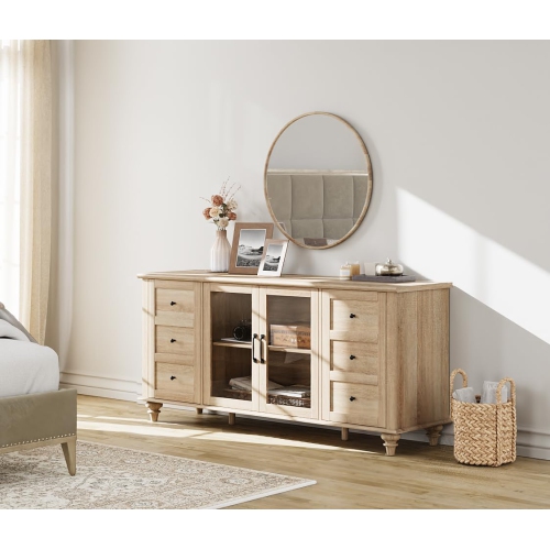 WAMPAT Sideboard Buffet Cabinets with Glass Door, Kitchen Storage Cabinets,Wood Coffee Bar Tables for Dining Room, Living Room,Oak