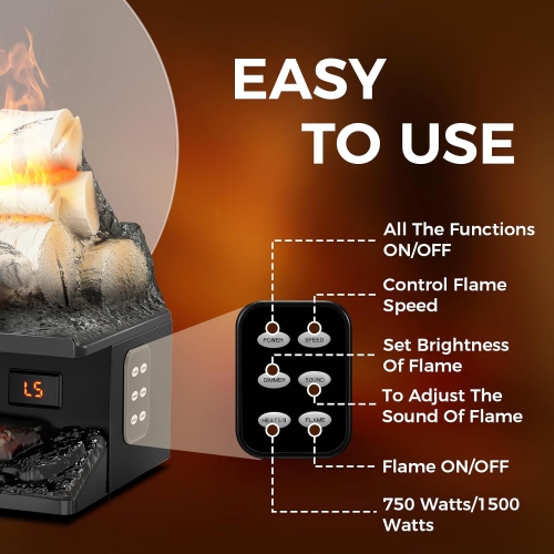 ZAFRO Electric Fireplace Log Heater, 750W/1500W Two Levels of Temperature, Simulating Real Sound, 5 Flame Brightness & Speed/Remote Control/Timer,