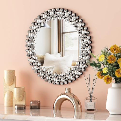 NIERBO  Jeweled Wall Mirror for Living Room Decor Mirror 18" Round Mirrors Wall Decorative Modern Mirror Crystal Accent Mirror for Bathroom Bedroom