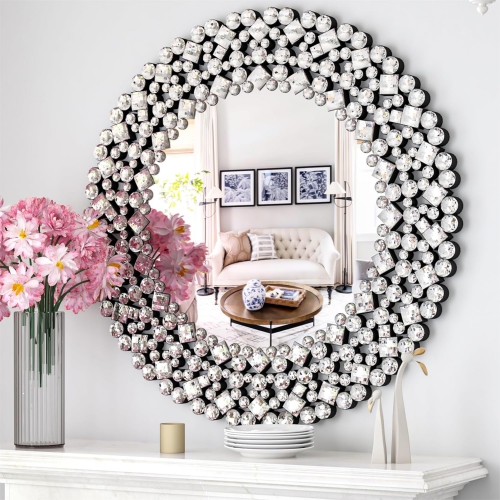 NIERBO  Jeweled Wall Mirror for Living Room Decor Mirror 34" Round Mirrors Wall Decorative Modern Mirror Crystal Accent Mirror for Bathroom Bedroom