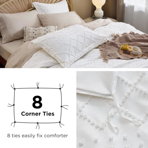 Boho Queen Duvet Cover Set - Embroidered Shabby Chic White Bedding, 3-Piece, All Seasons, 90x90