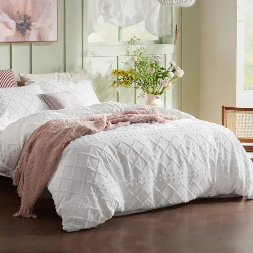 Boho Queen Duvet Cover Set - Embroidered Shabby Chic White Bedding, 3-Piece, All Seasons, 90x90