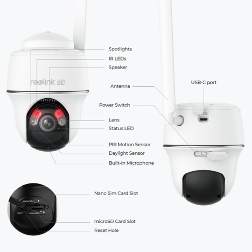 Reolink Smart 4K 8MP Wireless 4G LTE PT Battery Camera with Color Night Vision, Pan Tilt, GO PT Ultra