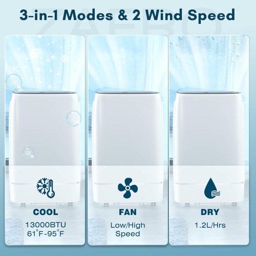 ZAFRO Portable Air Conditioner,13000 BTU Air Conditioner for Room Up to 600 Sq. Ft,3-in-1 Portable AC Unit,Cool & Dehumidifier & Fan Modes, Portable