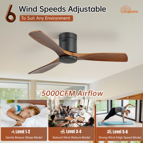 Ventilateur de plafond en bois massif sans lumière 52&nbsp;po 3 pales Ventilateur de plafond moderne avec télécommande Minuterie réversible c.c.