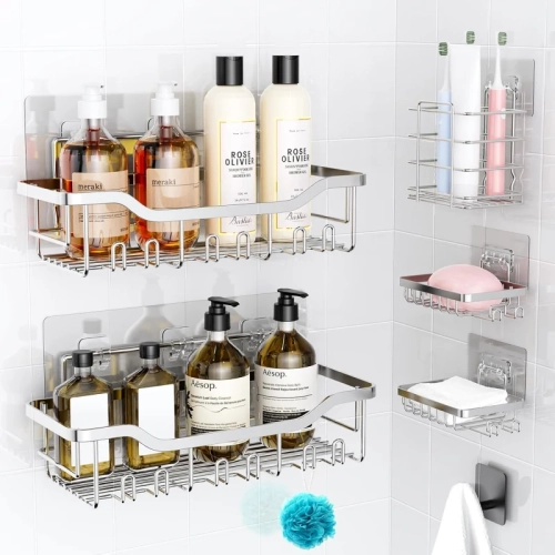 7-Piece Silver Stainless Steel Shower Caddies - Adhesive Extra Large Capacity Shelves with Bath Sponges & Towel Hooks
