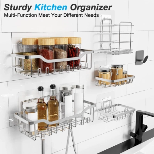 7-Piece Silver Stainless Steel Shower Caddies - Adhesive Extra Large Capacity Shelves with Bath Sponges & Towel Hooks