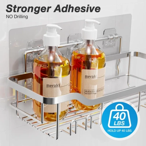 7-Piece Silver Stainless Steel Shower Caddies - Adhesive Extra Large Capacity Shelves with Bath Sponges & Towel Hooks