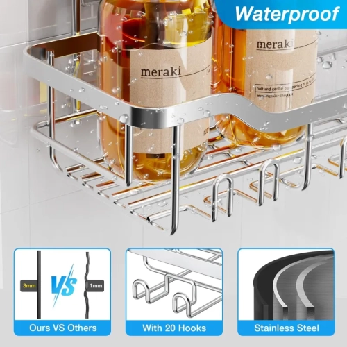 7-Piece Silver Stainless Steel Shower Caddies - Adhesive Extra Large Capacity Shelves with Bath Sponges & Towel Hooks