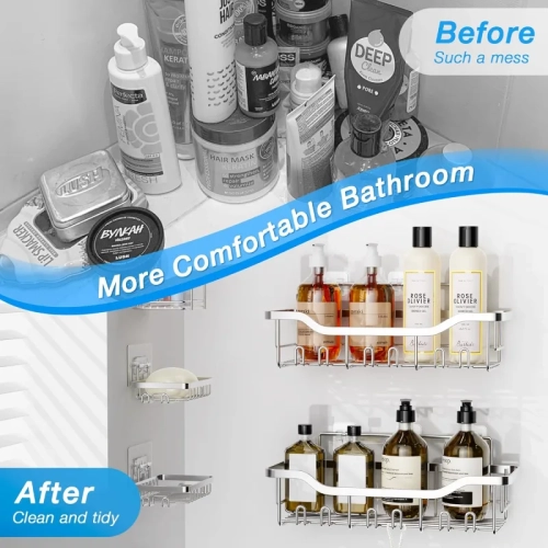 7-Piece Silver Stainless Steel Shower Caddies - Adhesive Extra Large Capacity Shelves with Bath Sponges & Towel Hooks