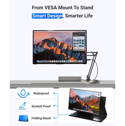 Moniteur portatif de 18,5 po, Prolongateur d'écran de portable sRVB HD intégrale 1080P 100 % USB C HDMI avec Smart Cover et haut-parleurs, pour