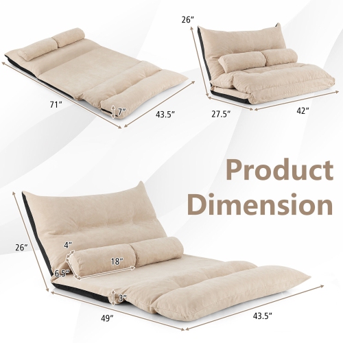 Sofa-lit transformable Lazy de Costway avec dossier ajustable à 42 niveaux et 2 coussins lombaires