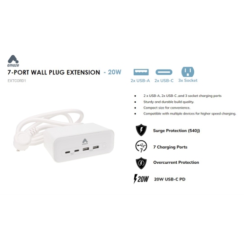 Amaze PD 20W 7-port Wall Plug Extension: 3 Sockets + 2 x USB-C + 2 x USB-A