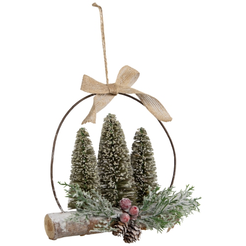 Flocked Bottle Brush Trees with Wooden Log Christmas Ornament - 7"