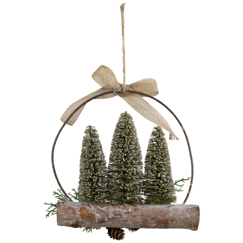 Flocked Bottle Brush Trees with Wooden Log Christmas Ornament - 7"