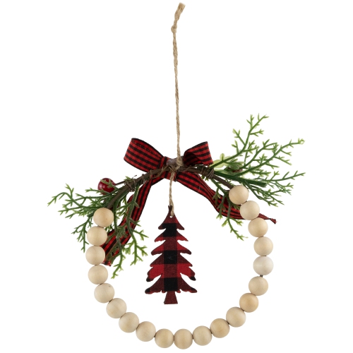 Buffalo Plaid Tree and Bow Wooden Beaded Christmas Wreath Ornament - 5.5"