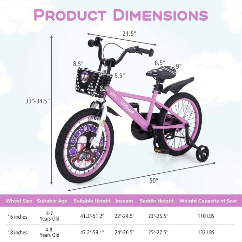 Vélo de 18 po pour enfants de Costway pour 4-8 avec guidon à hauteur réglable et frein à main à selle