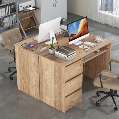 Bureau d'ordinateur de Costway avec plateau pour clavier et 3 grands tiroirs de type C et ports USB