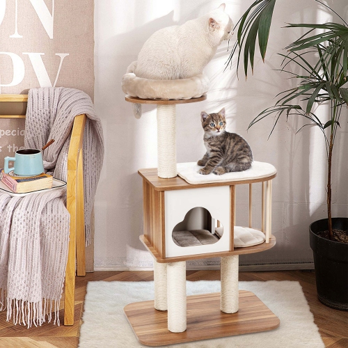 Costway 46" Modern Wooden Cat Tree with Platform & Washable Cushions for Kittens & Cats