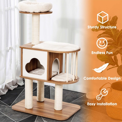 Costway 46" Modern Wooden Cat Tree with Platform & Washable Cushions for Kittens & Cats