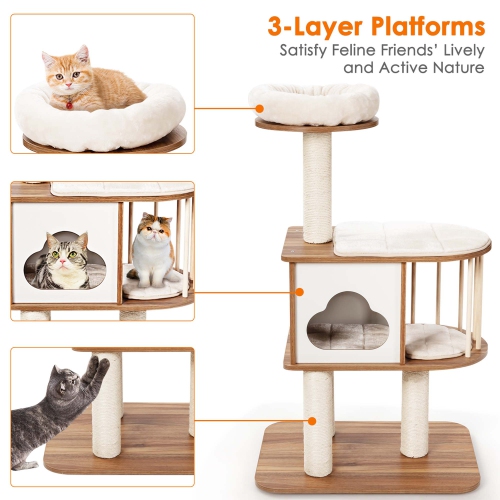 Costway 46" Modern Wooden Cat Tree with Platform & Washable Cushions for Kittens & Cats