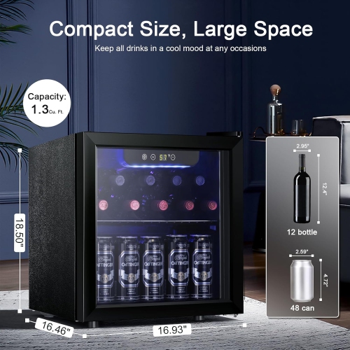 ZAFRO 12 Bottle Wine Cellar - Mini Beverage Fridge for Wine, 48 Can Small Wine Cooler for Home and Bar, Electronic Temperature Knob Control, 1.3 Cu.