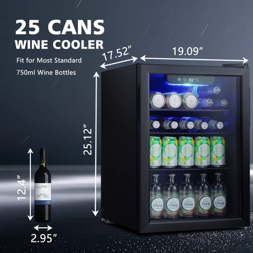 ZAFRO Mini Fridge 100 Cans Compressor Wine Cooler Refrigerator Freestanding Wine Cellar Front Glass Door and Temperature Memory Function for Soda
