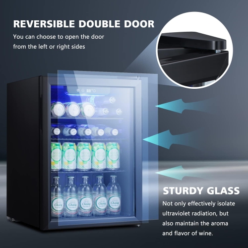ZAFRO Mini Fridge 100 Cans Compressor Wine Cooler Refrigerator Freestanding Wine Cellar Front Glass Door and Temperature Memory Function for Soda