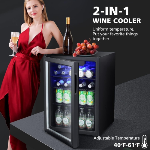 ZAFRO Mini Fridge 100 Cans Compressor Wine Cooler Refrigerator Freestanding Wine Cellar Front Glass Door and Temperature Memory Function for Soda