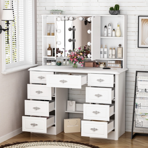 Ensemble bureau-coiffeuse Famapy avec grand miroir éclairé trois couleurs, table à langer avec 9 tiroirs, tablettes de rangement pour chambre à