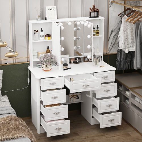 Ensemble bureau-coiffeuse Famapy avec grand miroir éclairé trois couleurs, table à langer avec 9 tiroirs, tablettes de rangement pour chambre à