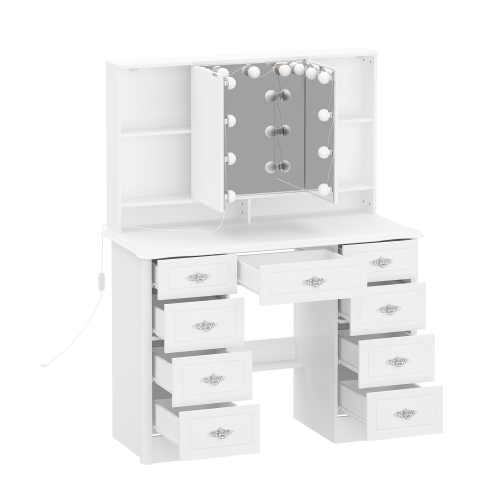 Ensemble bureau-coiffeuse Famapy avec grand miroir éclairé trois couleurs, table à langer avec 9 tiroirs, tablettes de rangement pour chambre à