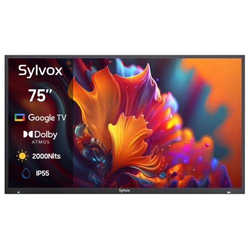 SYLVOX Outdoor TV, 75" Smart QLED TV with Google System, Dolby Atmos, IP55 Waterproof, 4K 2000 Nits Weatherproof TV for Full Sun