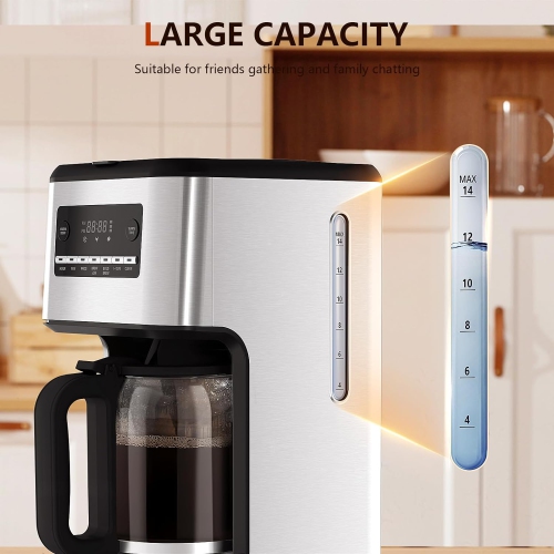 ZAFRO Coffee Maker, Drip Coffee Machine, 14-Cup Glass Carafe, Programmable, Delay Brew, Keep Warm, with Touch Screen, Stainless Steel,Silver