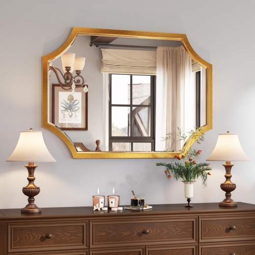 NIERBO  Small Mirror, 20" X 28" Bathroom Vanity Mirror Scalloped Mirror Decorative Wall Mirror Beveled for Master Bath Half Bath Living Room Bedroom