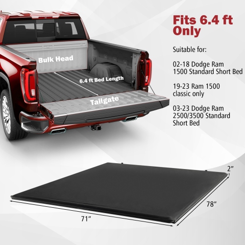 Costway 6.4 Ft Soft Roll-up Tonneau Cover Truck Bed for 02-23 Dodge Ram 1500/2500/3500